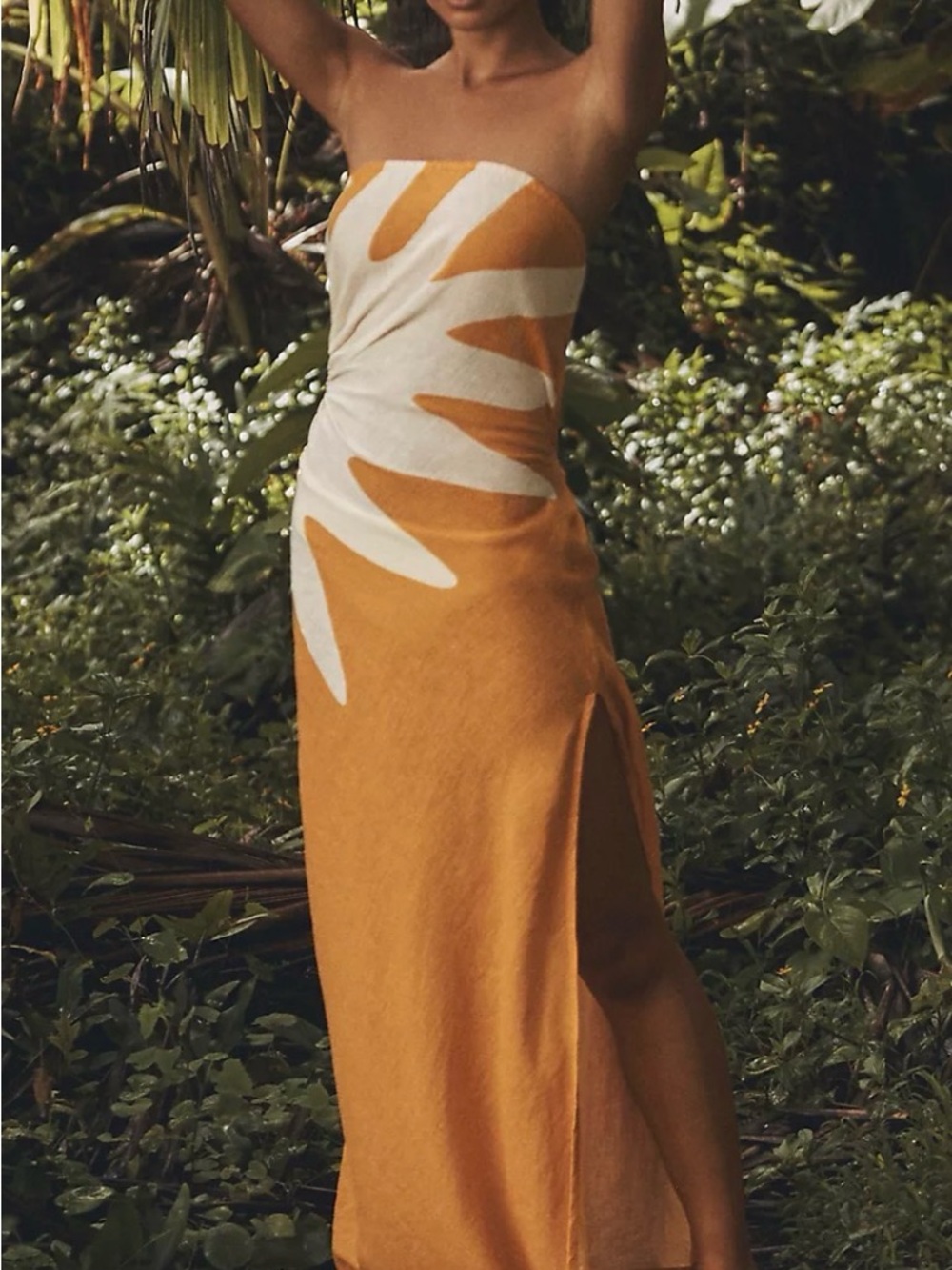 Strapless Asymmetrical Sunburst Maxi Dress in Mustard and Cream